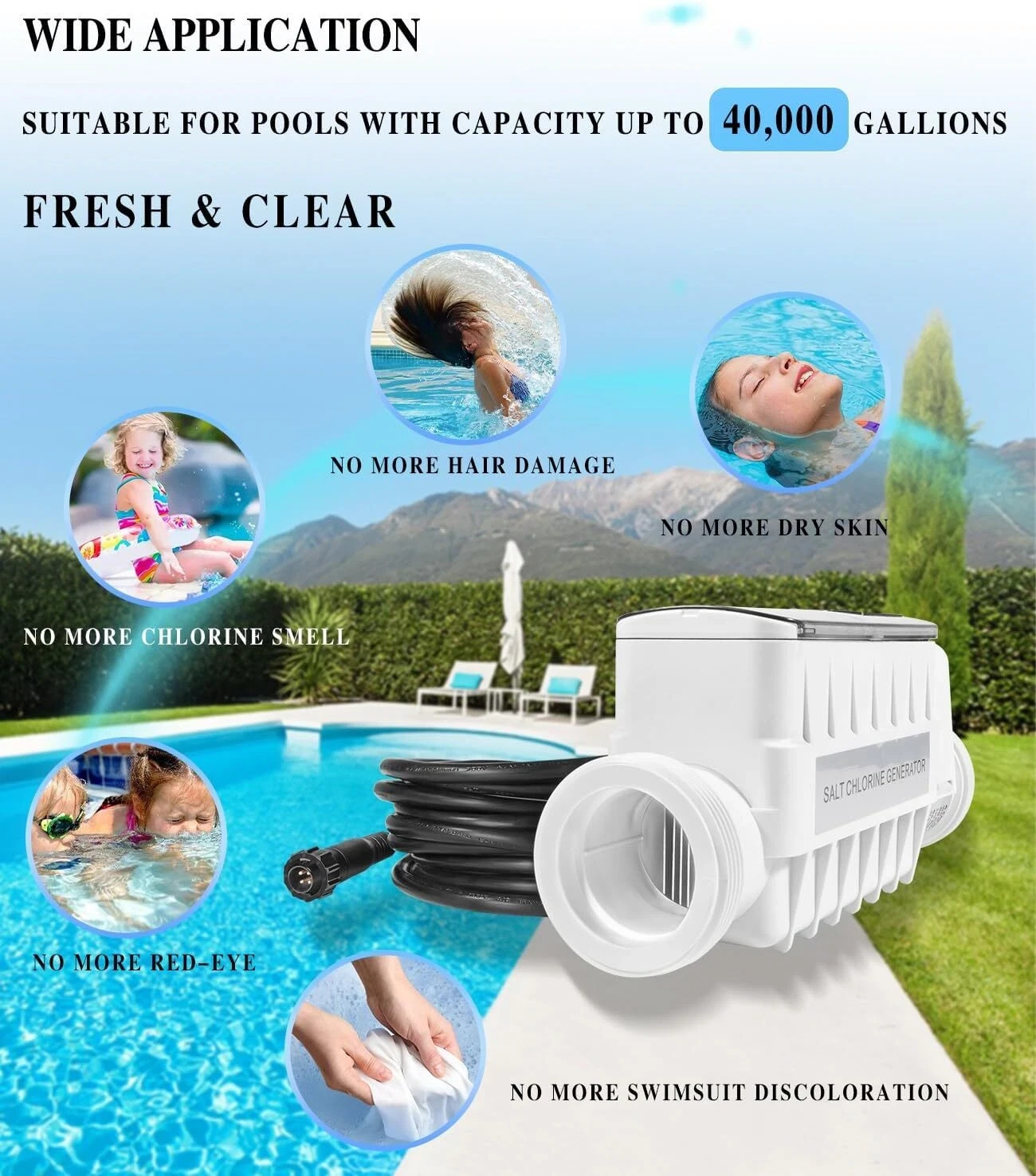 520555 Salt Chlorine Generator Cell 40K Gallon Pool 15ft Cable 2in PVC Unions