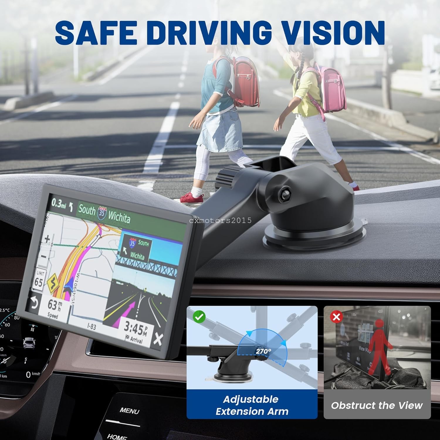 GPS Holder Suction Cup w/ Telescopic Arm for Garmin Dashboard & Windshield Mount