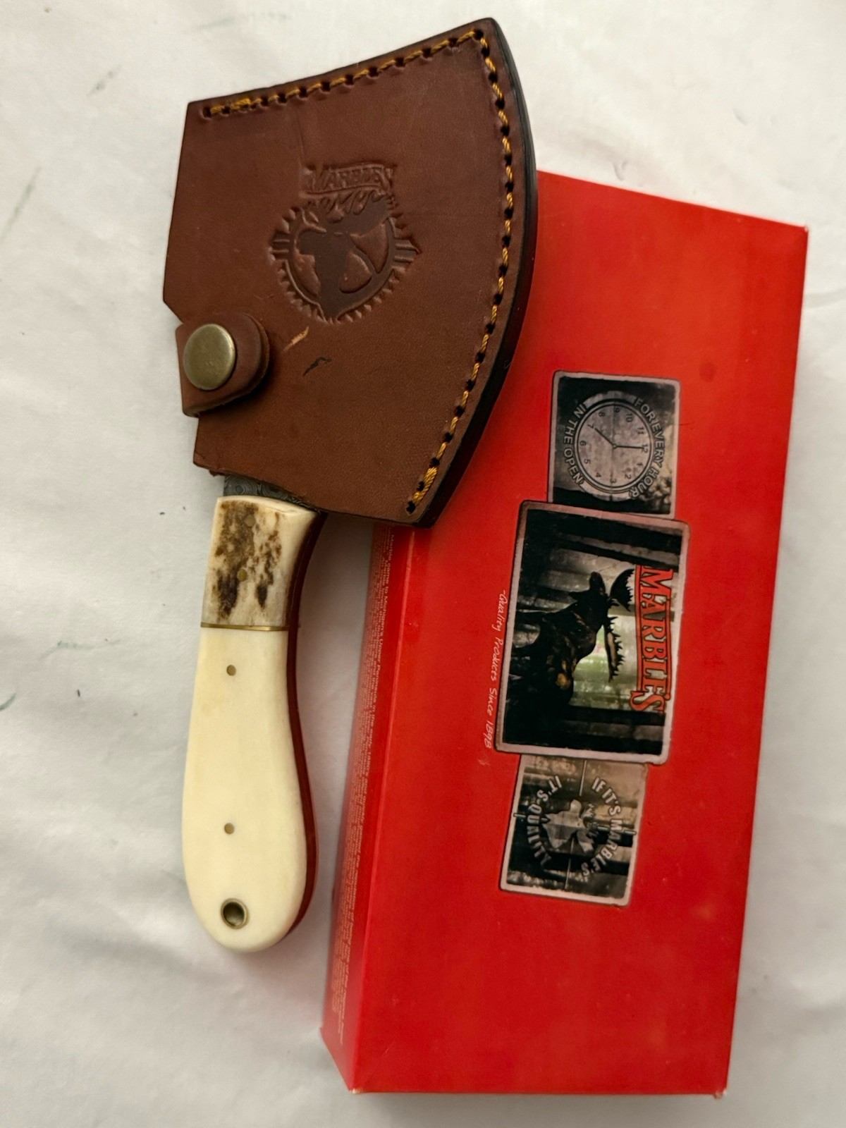 NIB Marbles Damascus Hatchet (3in), Natural Bone Handle, 7.5in overall (MR826D)