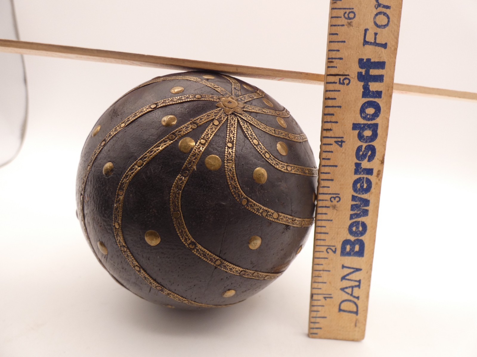 3 Vintage Wooden Ball With Embossed Brass Early 20th C. 5” & 4'' Width