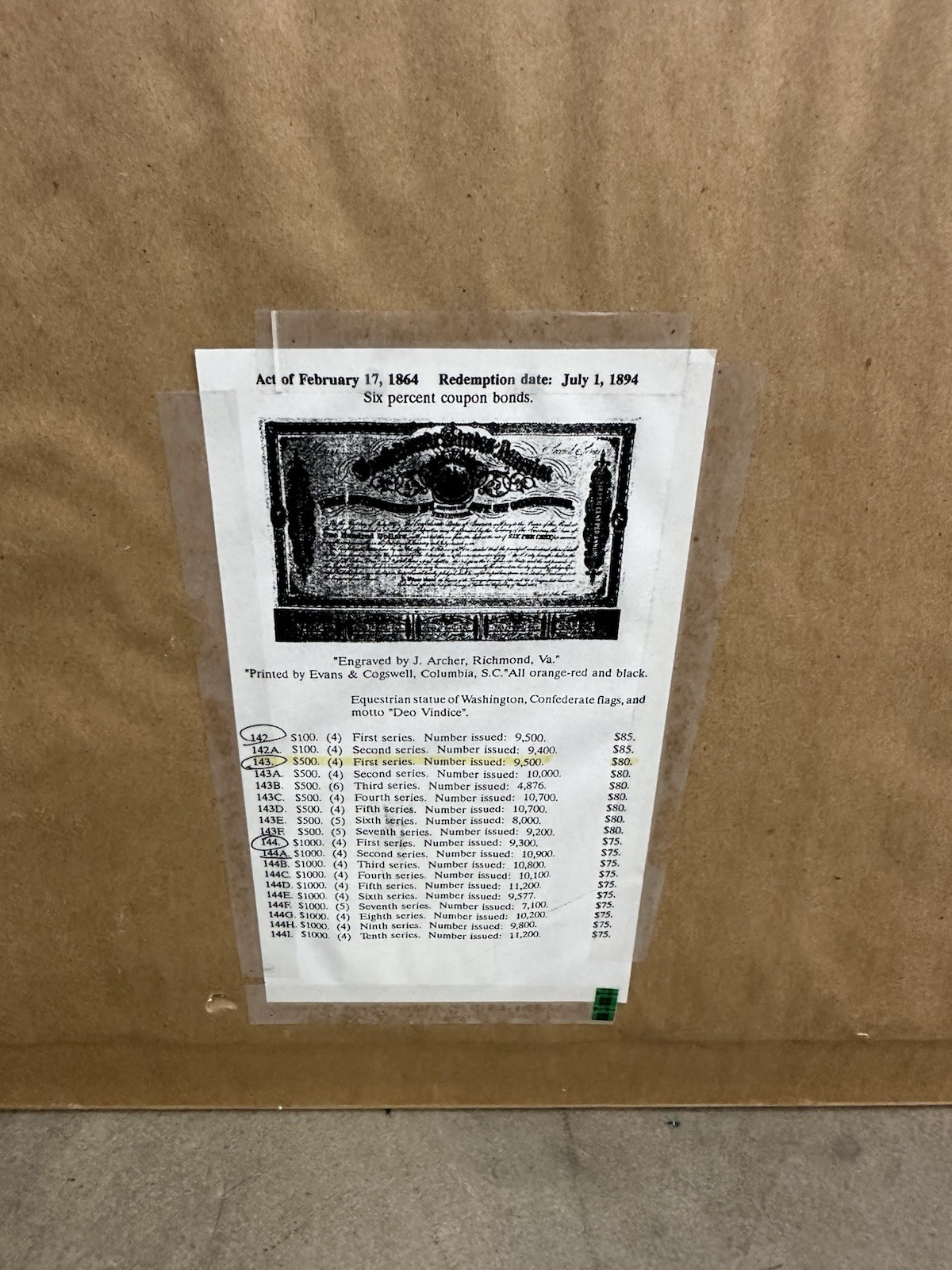 Confederate States of America 1st Series $500 Civil War Loan Bonds, Complete Set