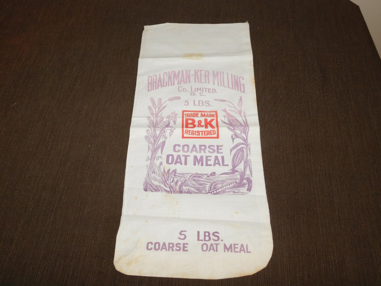 VINTAGE 16 1/2" X 7 1/2"  B & K OAT MEAL BRACKMAN-KER MILLING CO FEED CLOTH SACK