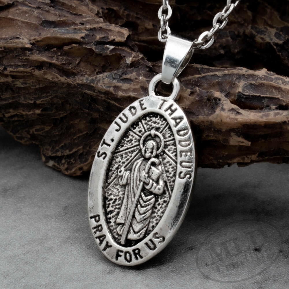 Saint St Jude Thaddeus Pray For Us Oval Silver Medal Pendant Necklace 18" Chain