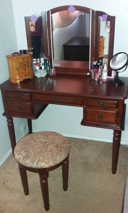 Ladies Vanity Table Set Brown Wood Girls Make Up Storage Desk Mirror & Stool