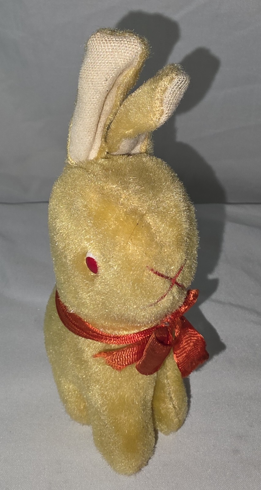 Vintage Small Yellow Stuffed Rabbit Plush with Glass Eyes and Red Ribbon Bow