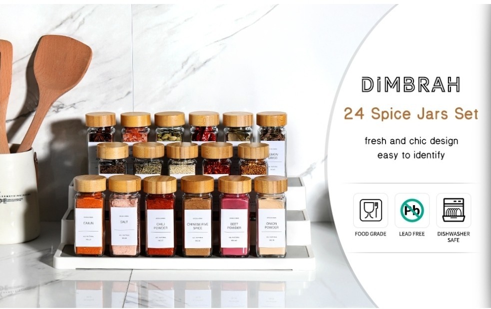 24 Pack] Spice Jars with Label,Seasoning Containers,Glass Spice Jars with Bamboo
