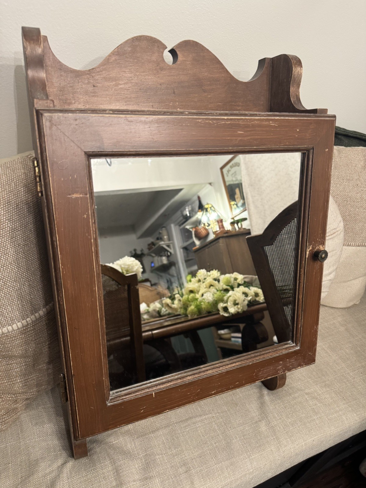 RARE Antique 1900s Hand Made Medicine Cabinet Mirror and towel bar