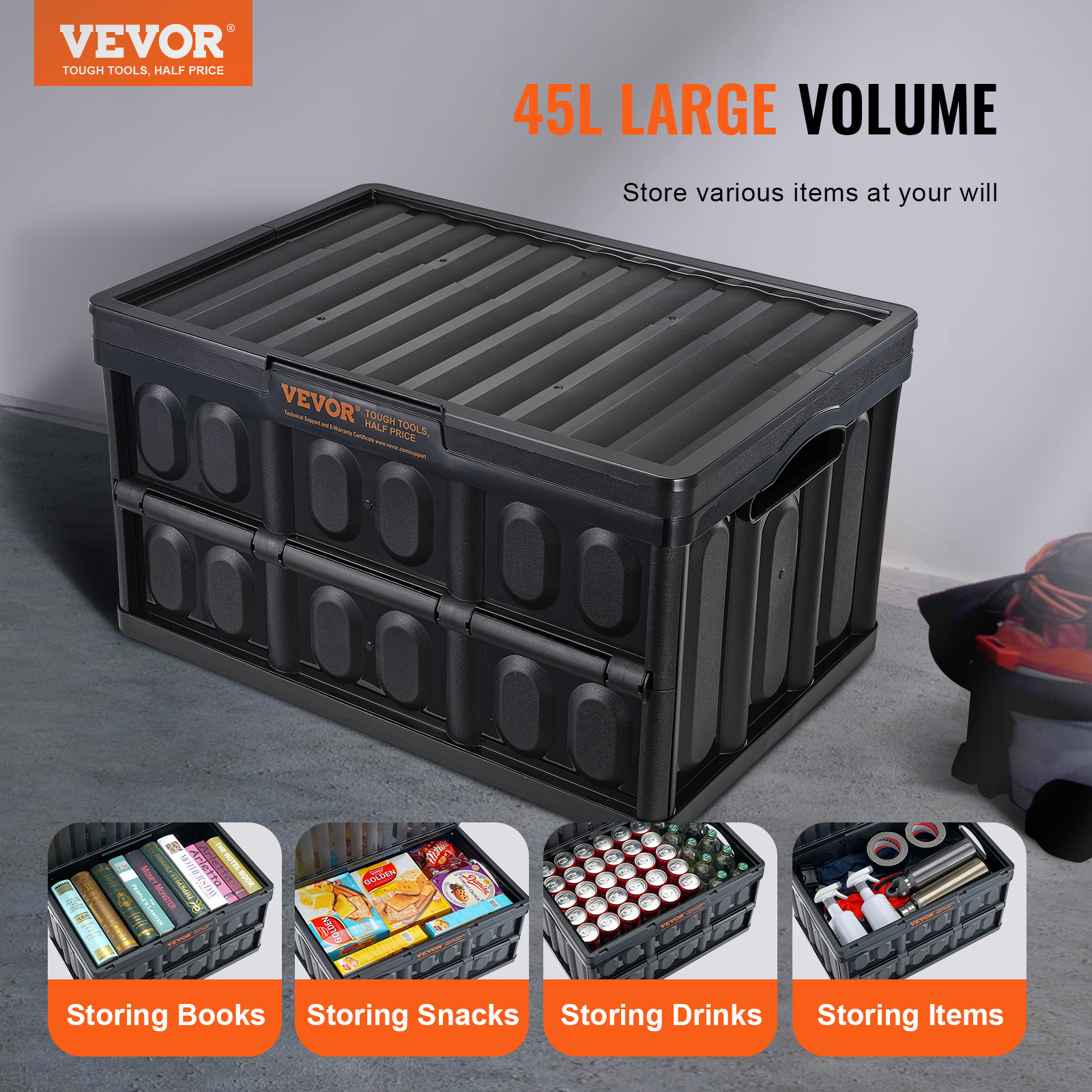 VEVOR Collapsible Storage Bins with Lids Folding Stackable Containers 45L 3-Pack