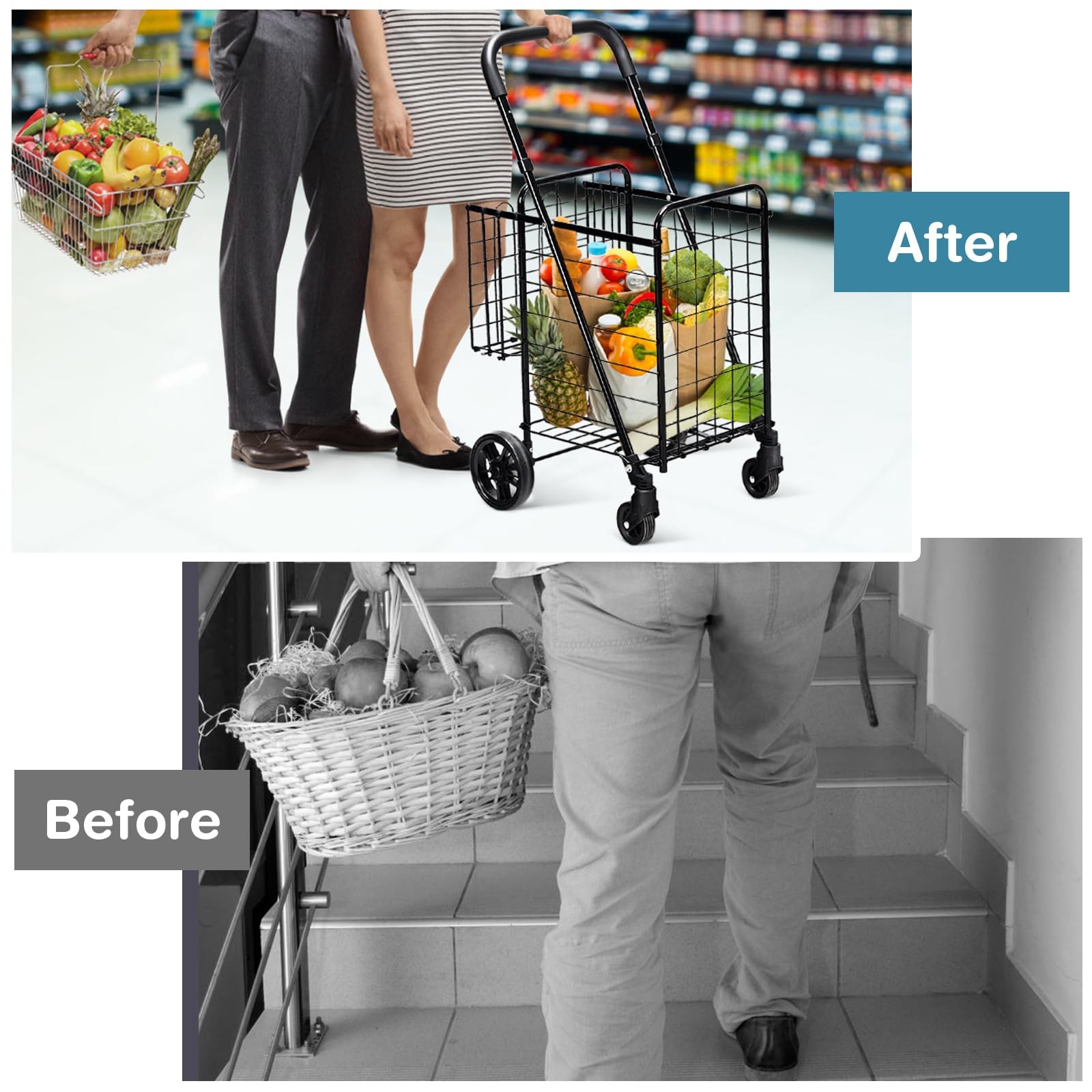 Foldable Heavy Duty Grocery Cart Adjustable Handle Extra Basket 360 Wheels