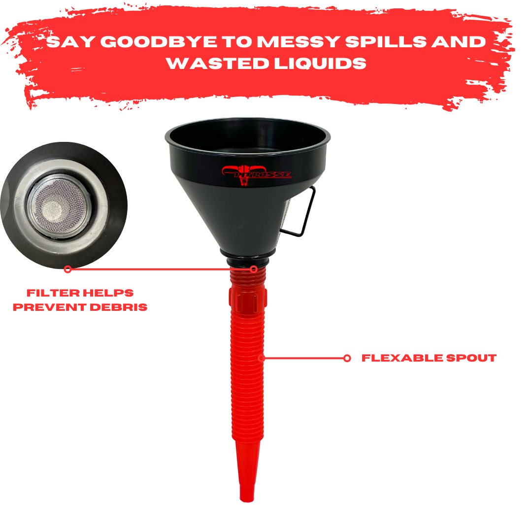 Pit Posse Oil Funnel and Holder for Automotive with Handle and Strainer