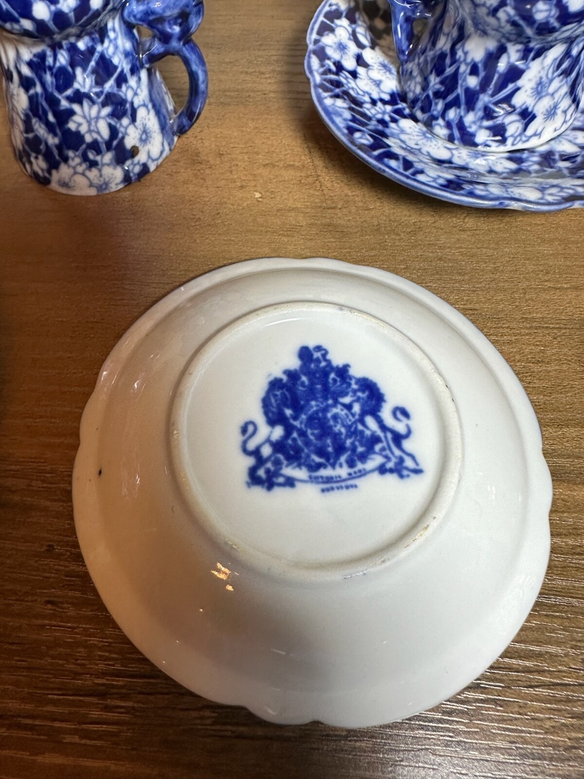 Victoria Ware Stoneware Small Tea Cups Saucers Sugar Creamer Cobalt Flue Floral
