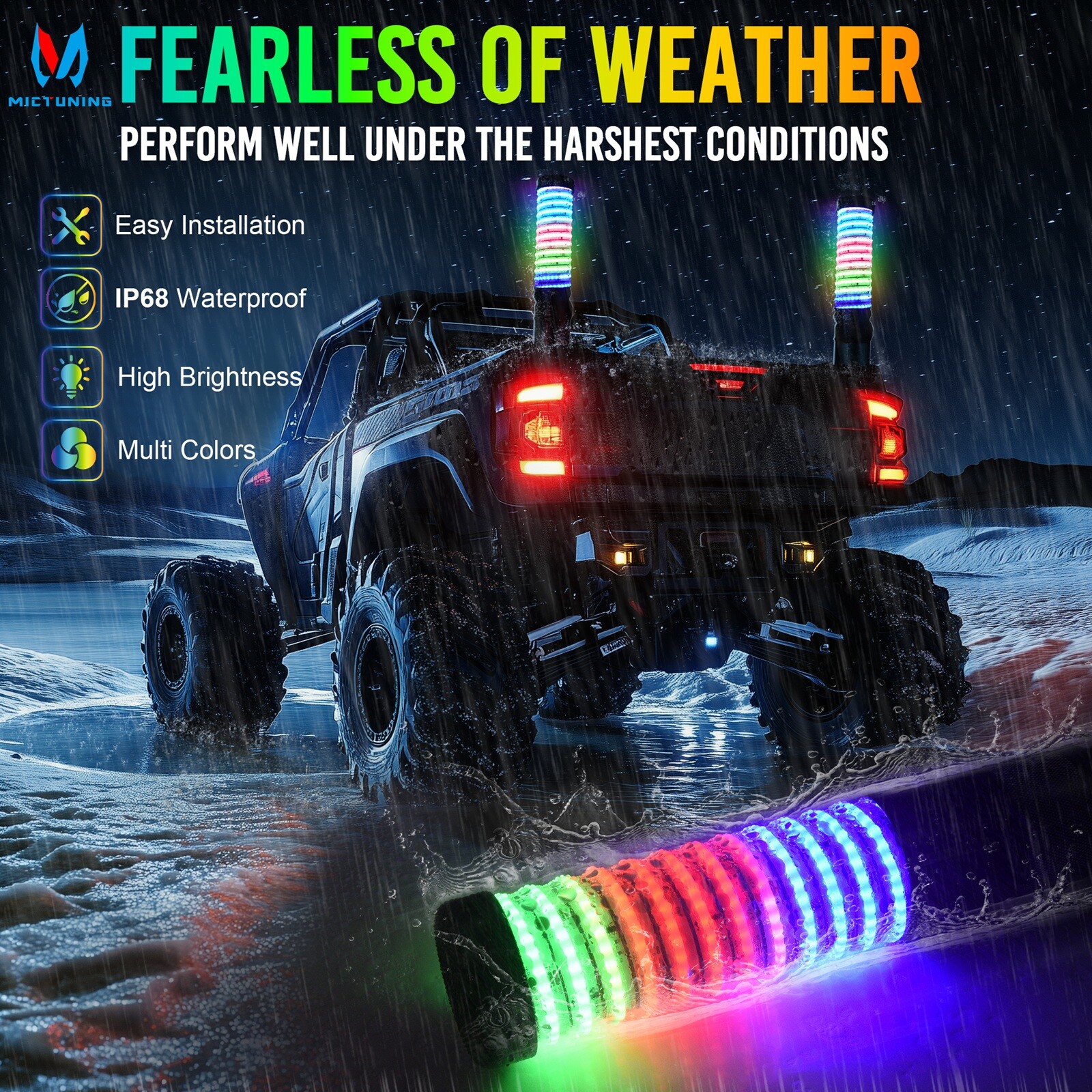 2pcs 1FT COB Fat Whip Light,RGB+IC Chasing Antenna Whips for ATV UTV SXS RZR