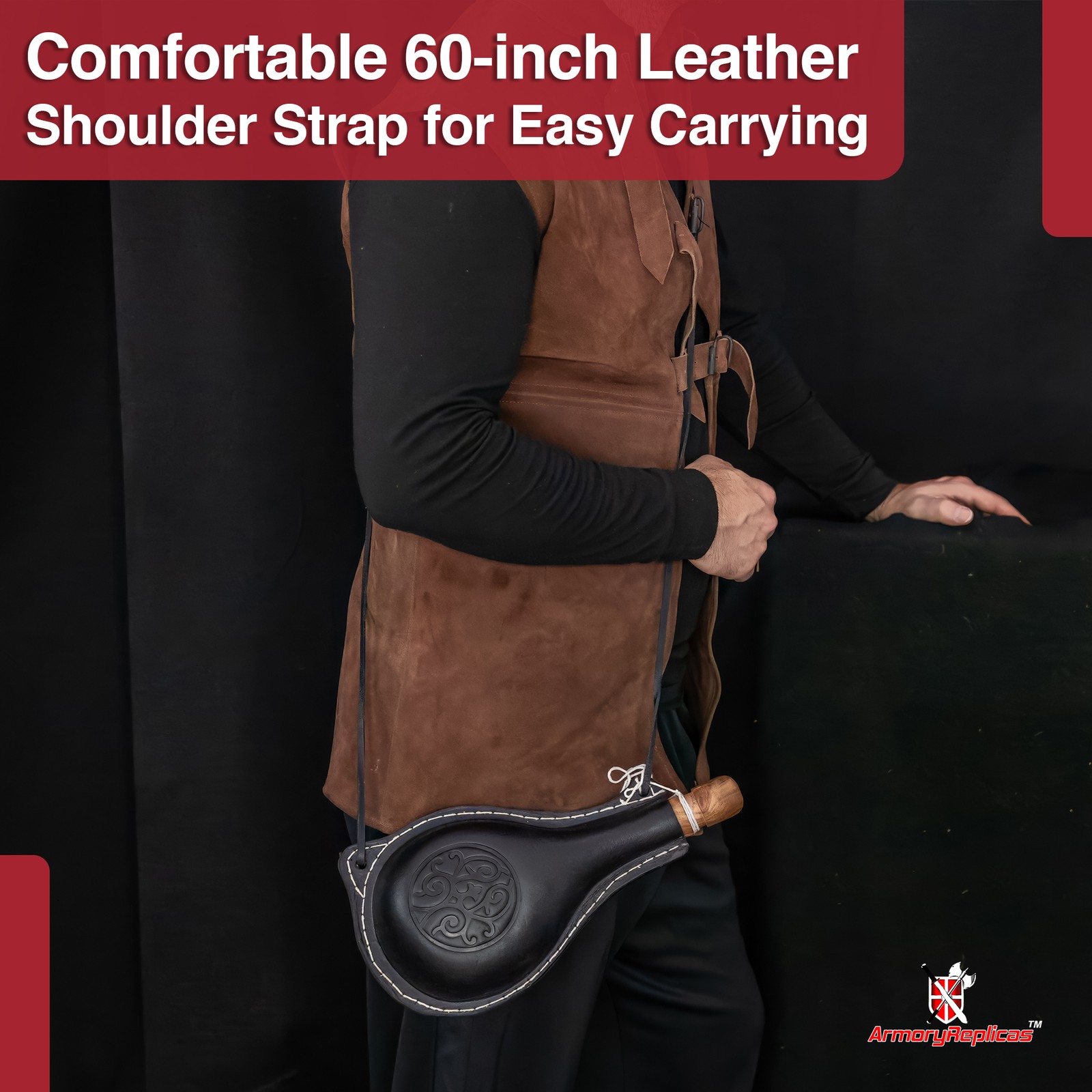 Teardrop Leather Adventure Canteen with Celtic Emblem – 40oz Historical Prop