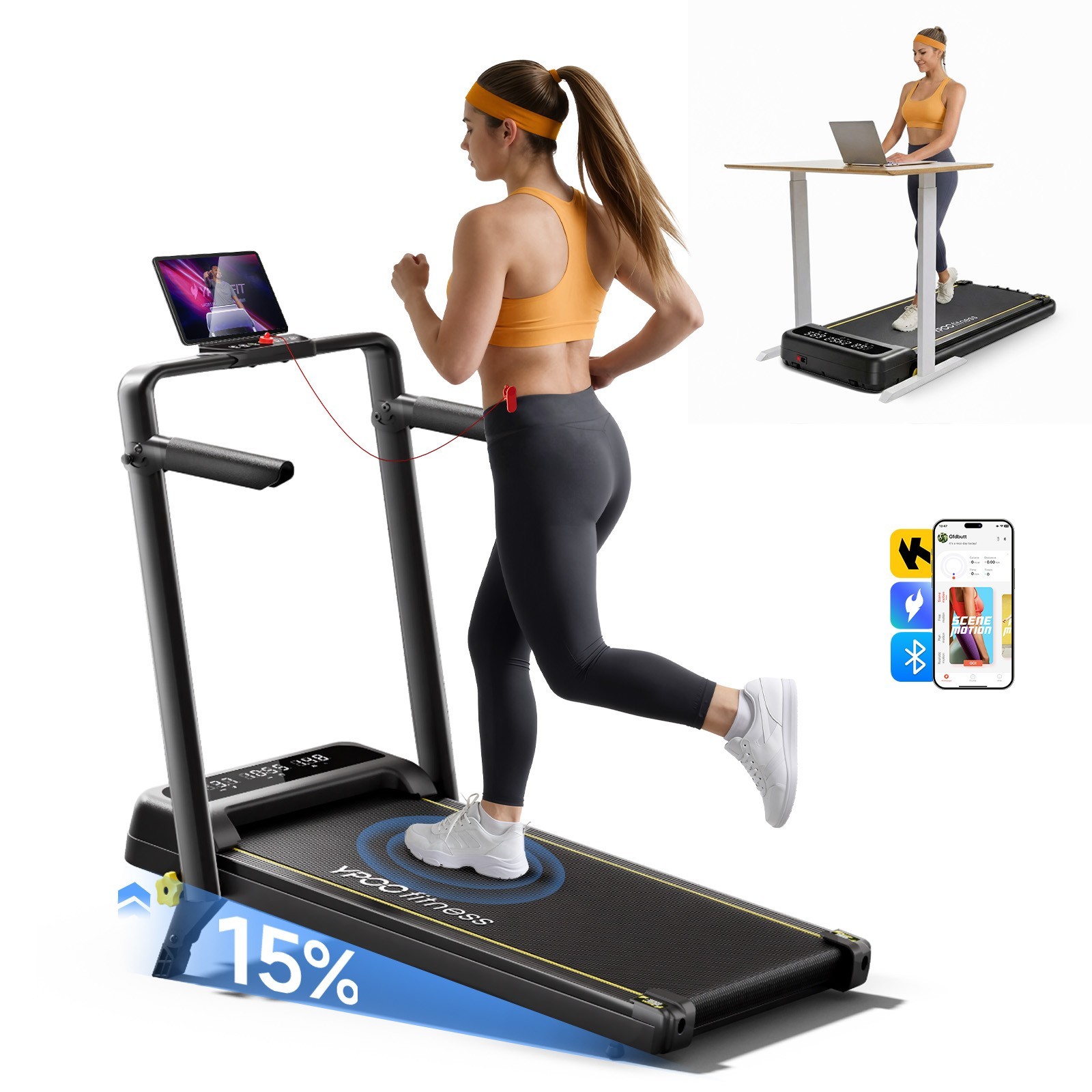Treadmill with Safety Side Handrails & 3 Incline Levels, 300Lbs Weight Capacity
