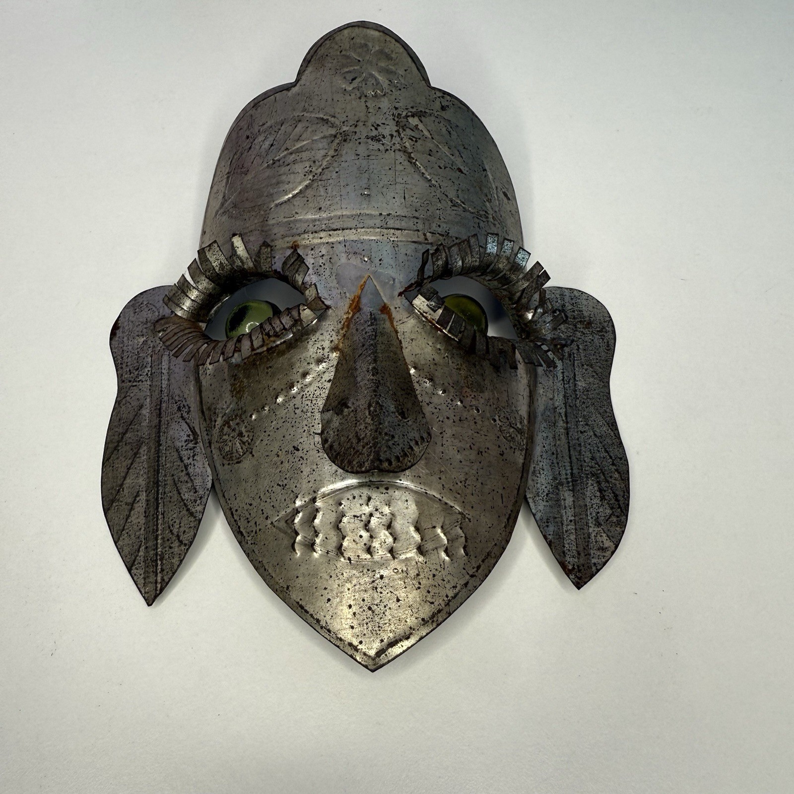 Mexican Tin Folk Art Face Mask Green Glass Eyes Wall Hanging Vintage Cultural