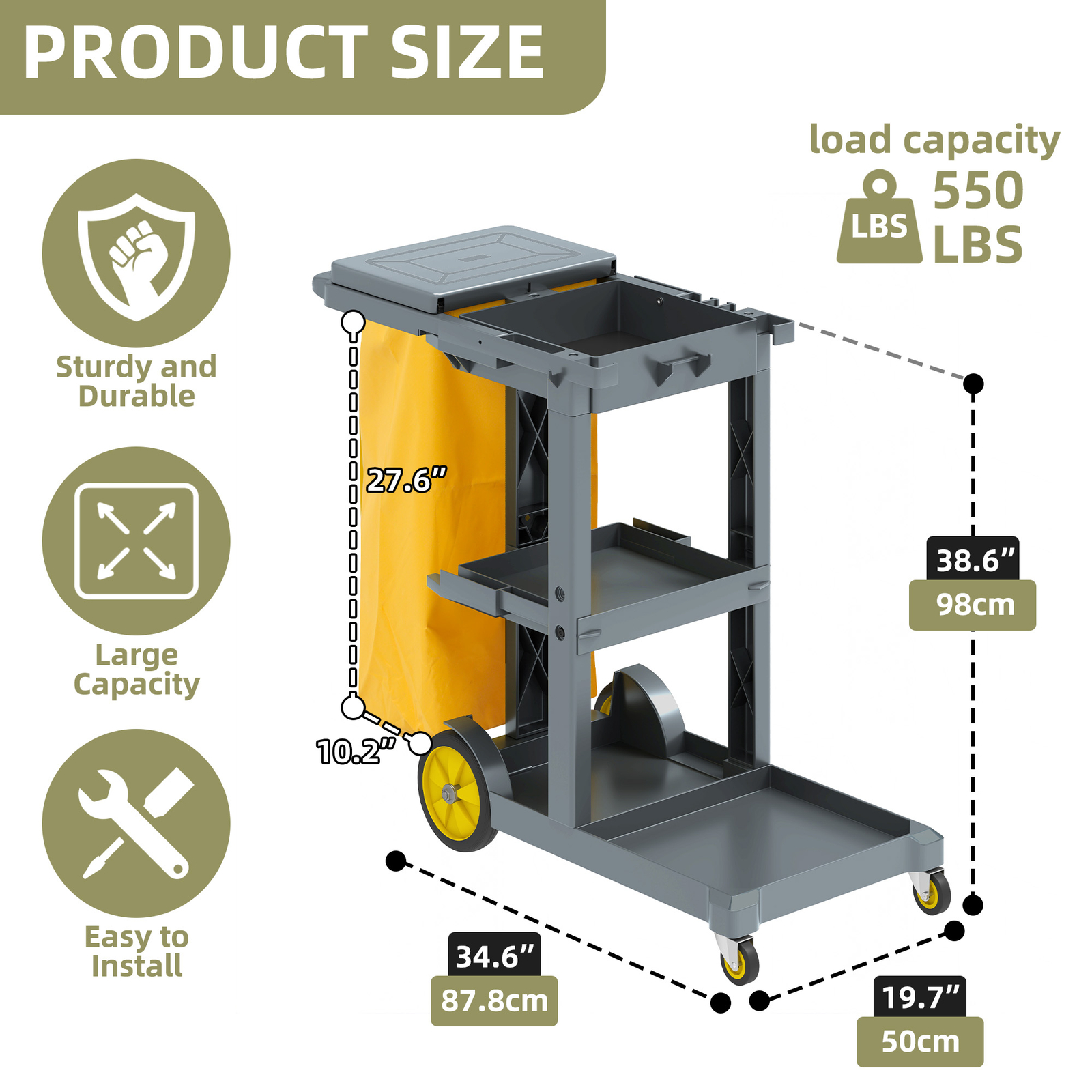 3-Shelf Janitorial Cleaning Cart w/ 2 Trash Bags Commercial Housekeeping Trolley