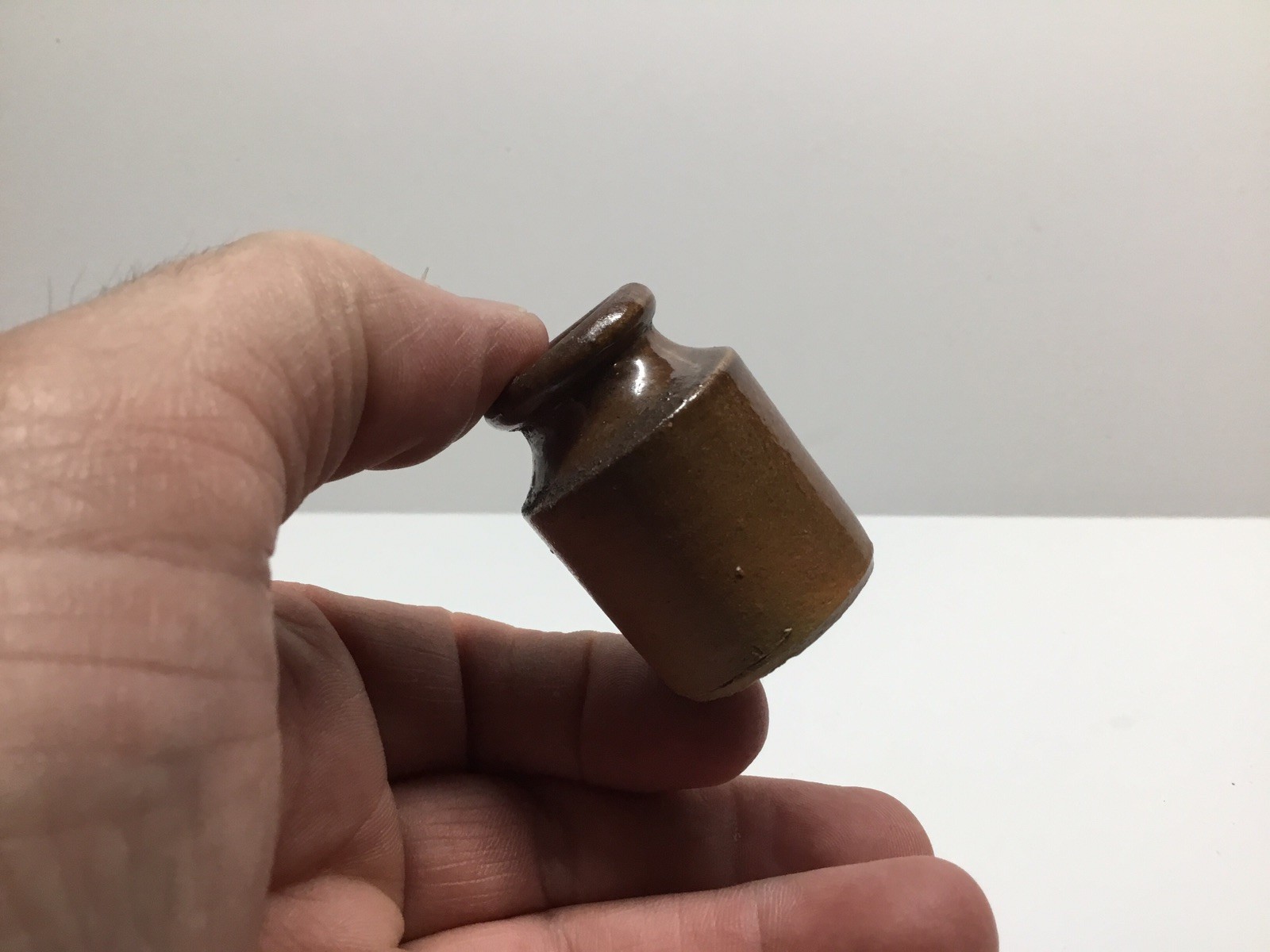 Tiny Antique Stoneware Ink Bottle 1 3/4 Inches Tall.