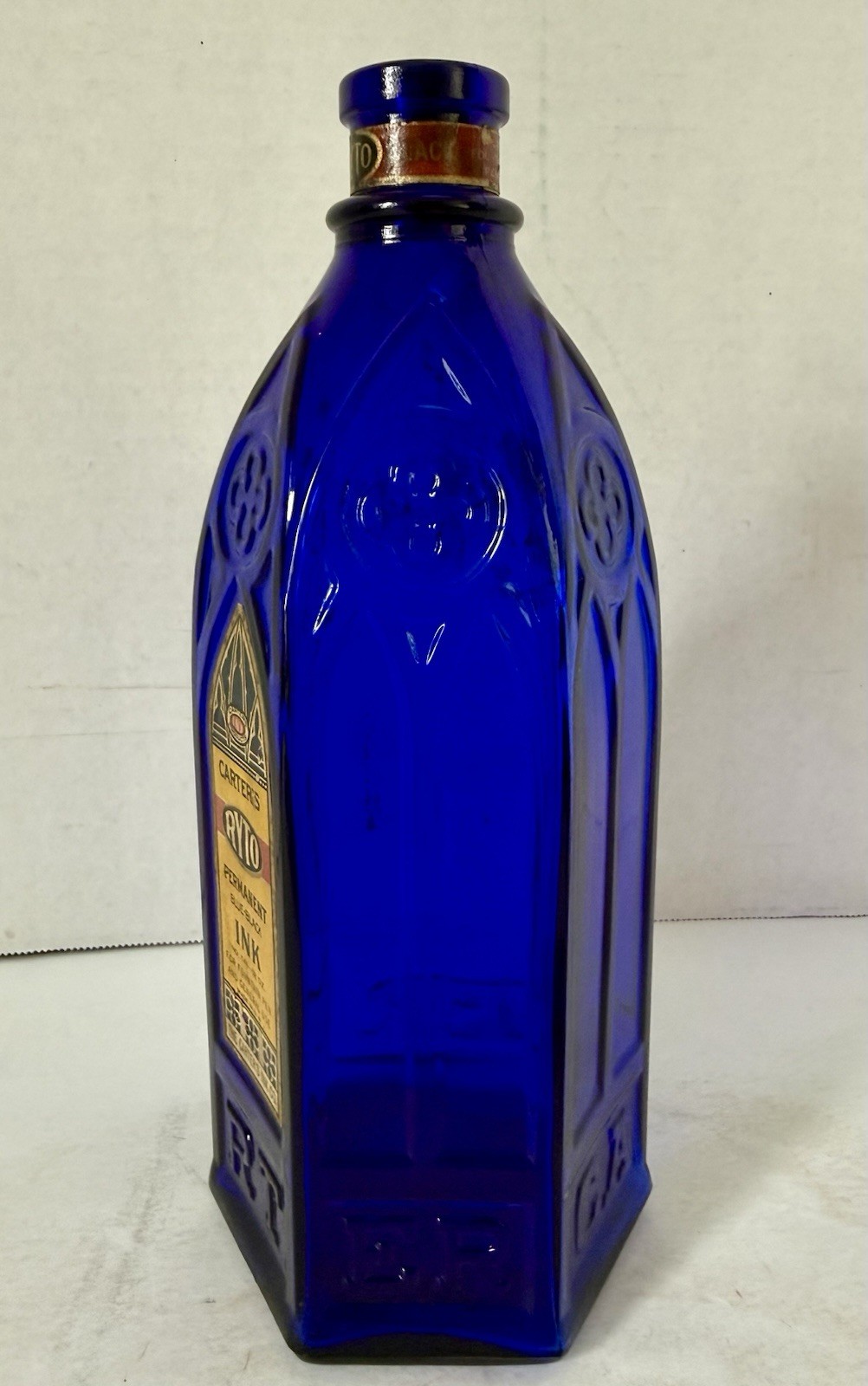 Vintage Cathedral Style Blue Glass Carter's Ink Bottle/Jar with label & Stopper