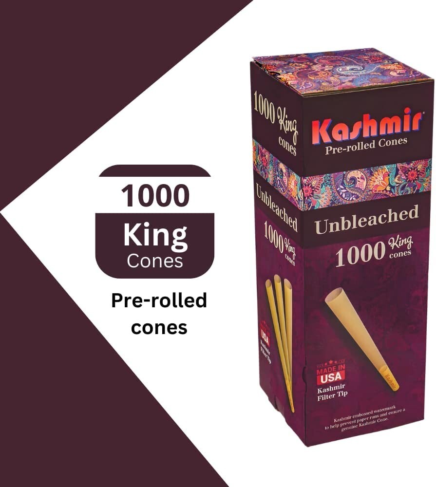 Kashmir King Unbleached Pre Rolled Cones 1000 Ct Bulk Box Rolling Papers & Tips