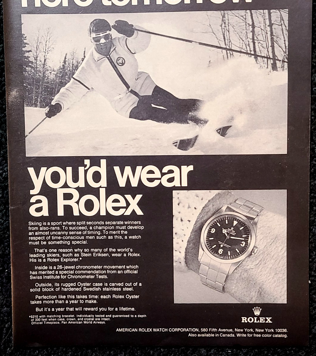 Rolex Explorer Original 1969 Vintage Print Ad Wall Art Skiing