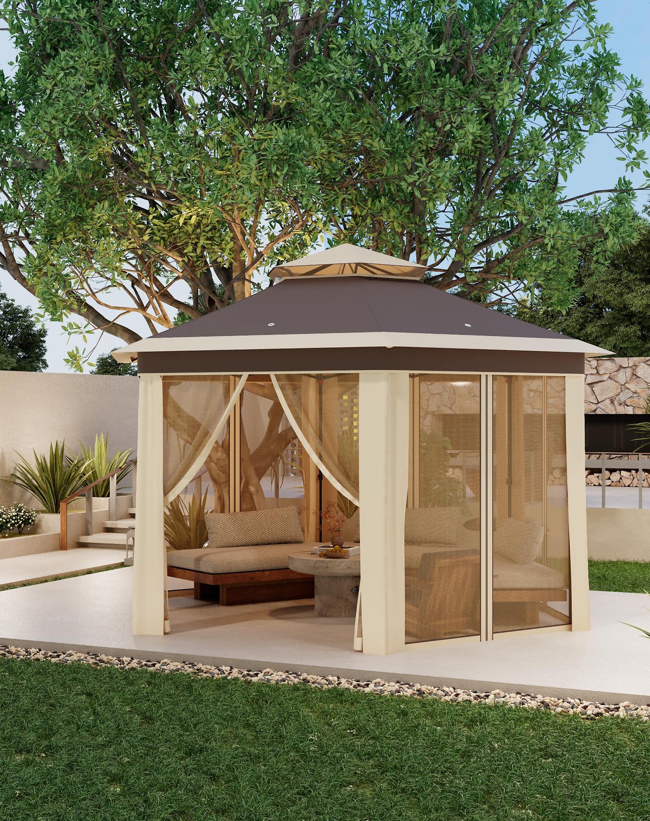 Strong Steel Frame Hexagonal Gazebo 13x13 ft Instant Pop Up with Mesh Netting