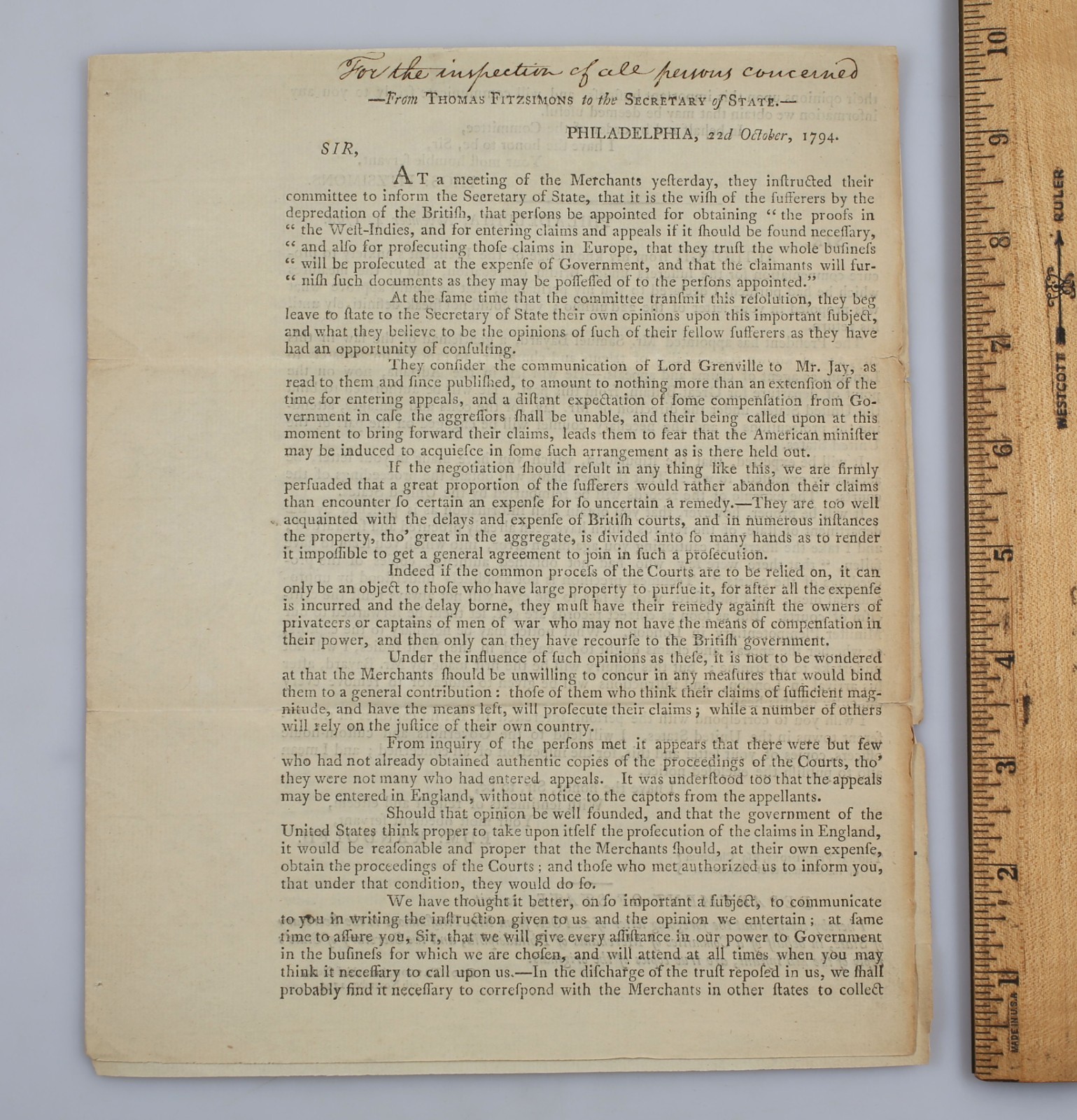 1794 Printed Letters Thomas Fitzsimmons to Sec. of State Post War Jay Treaty