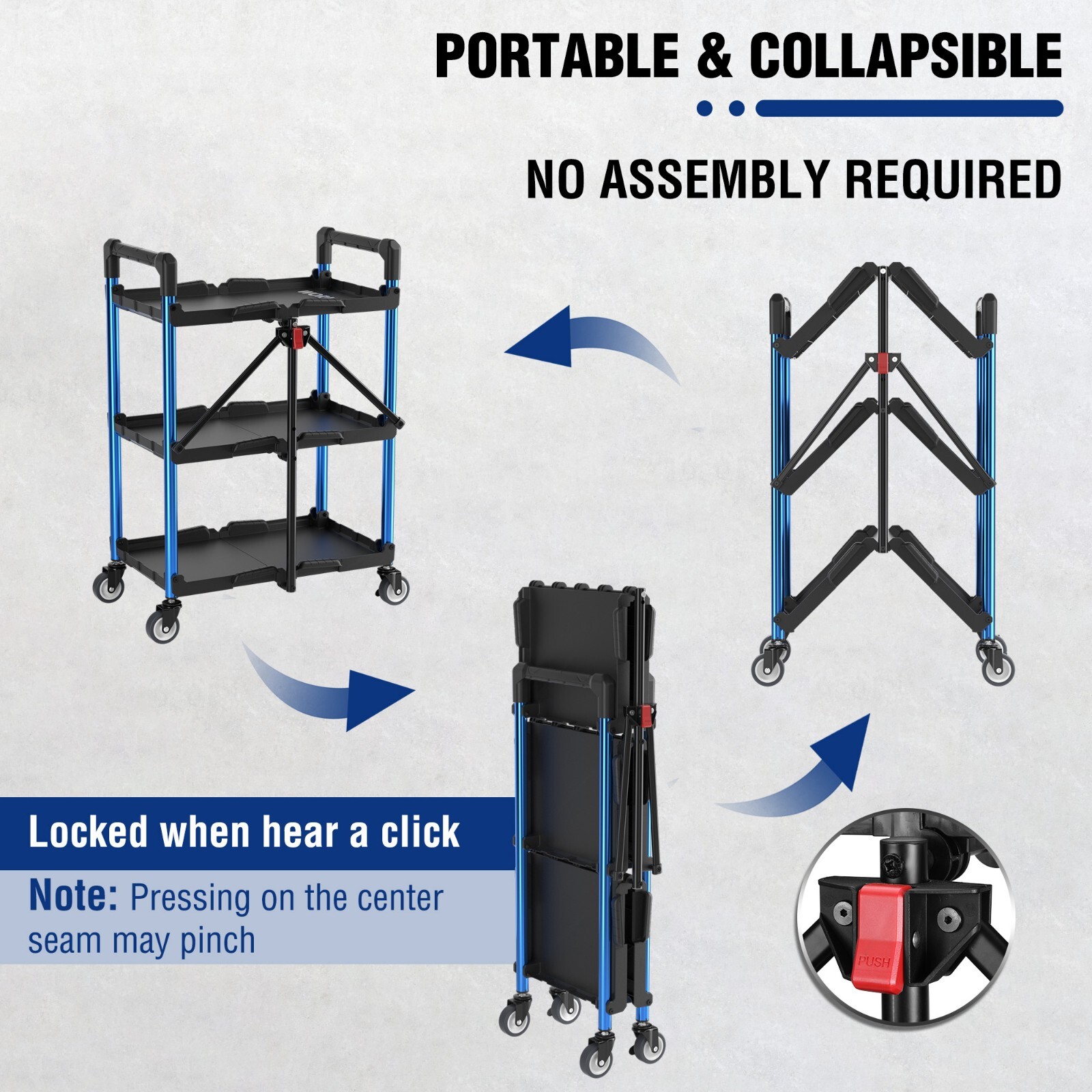 3-Tier Collapsible Service Cart 210 LBS Foldable w/Wheels (No Assembly Required)