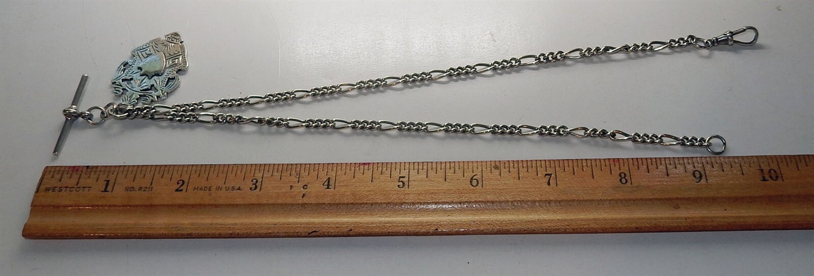 Antique English 30.5g Sterling Silver Double Albert Watch Chain with Fob