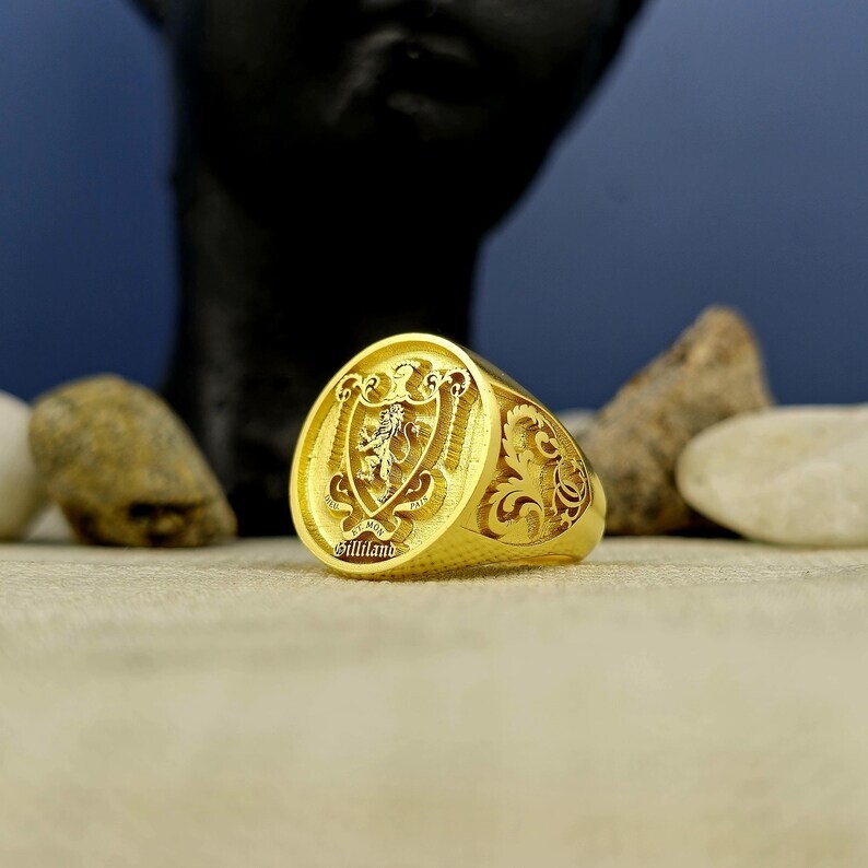 Custom Gold Plated Crest Ring for Men - Engraved Coat of Arms Signet Jewelry