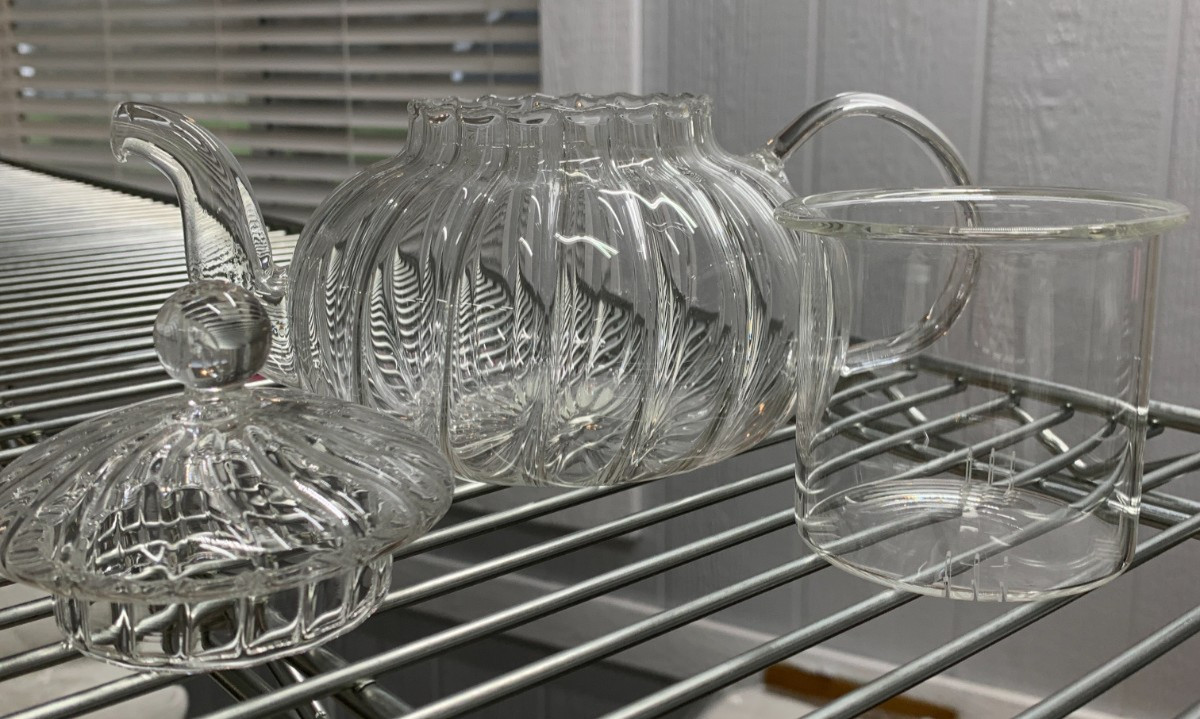 Williams Sonoma Pumpkin Shaped Ripple Clear Glass Teapot w/ Infuser 6" #A318