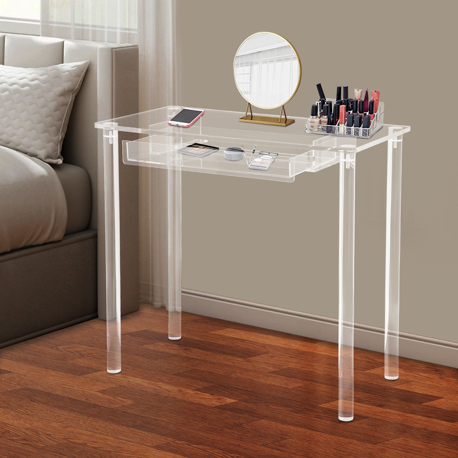 Acrylic Makeup Vanity Desk - Clear Vanity Table w/ Drawer - Small Makeup Table