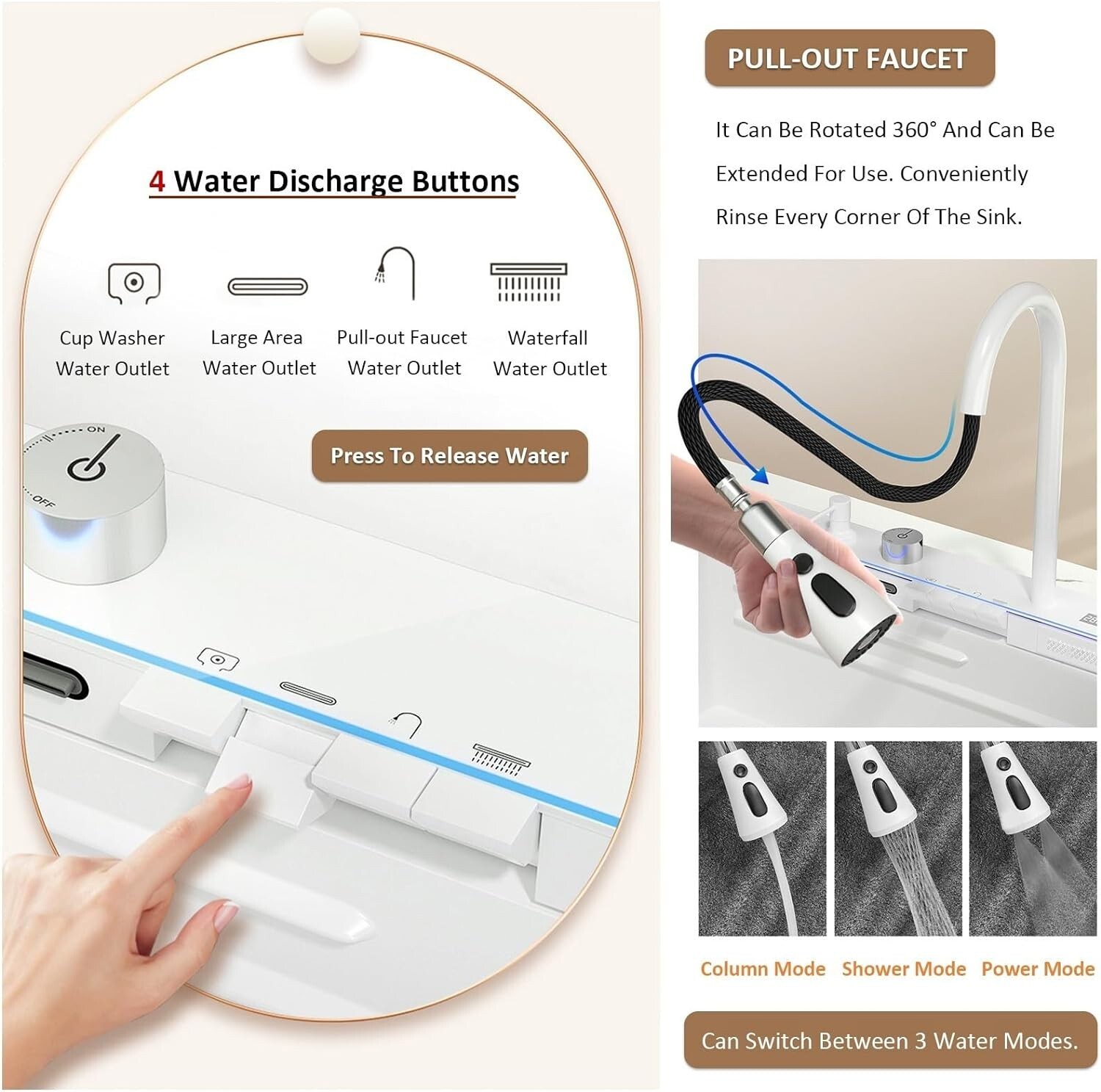 White Flying Rain Waterfall Kitchen Sink Integrated w Pull-Out Tap Set 29.5 INCH