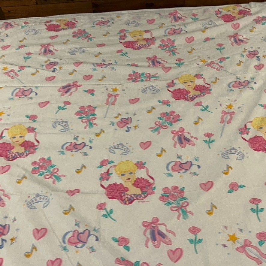 Barbie Flat Bed Sheet VTG 1995 Dan River Pink White Ballerina Twin Size 90x66"