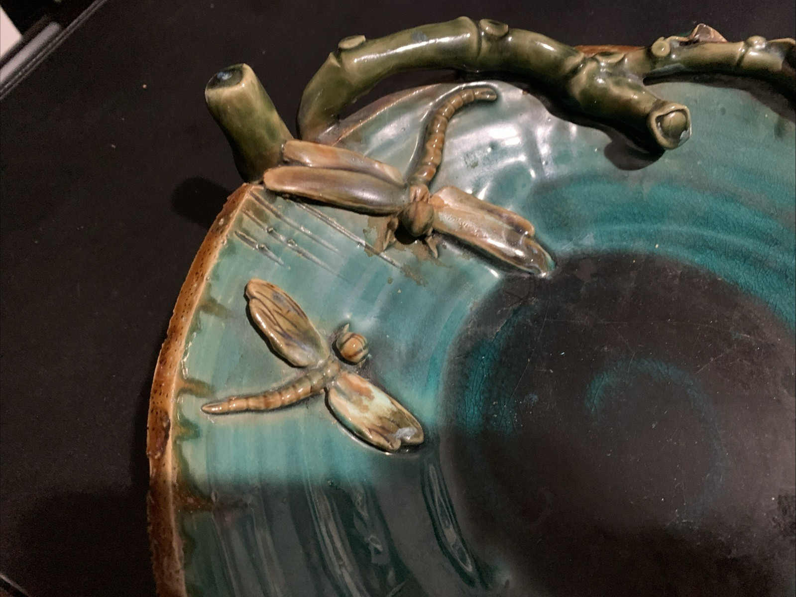 Vintage Mission Style Pottery Dragonfly Collectable Art Pottery Green Bowl 11"