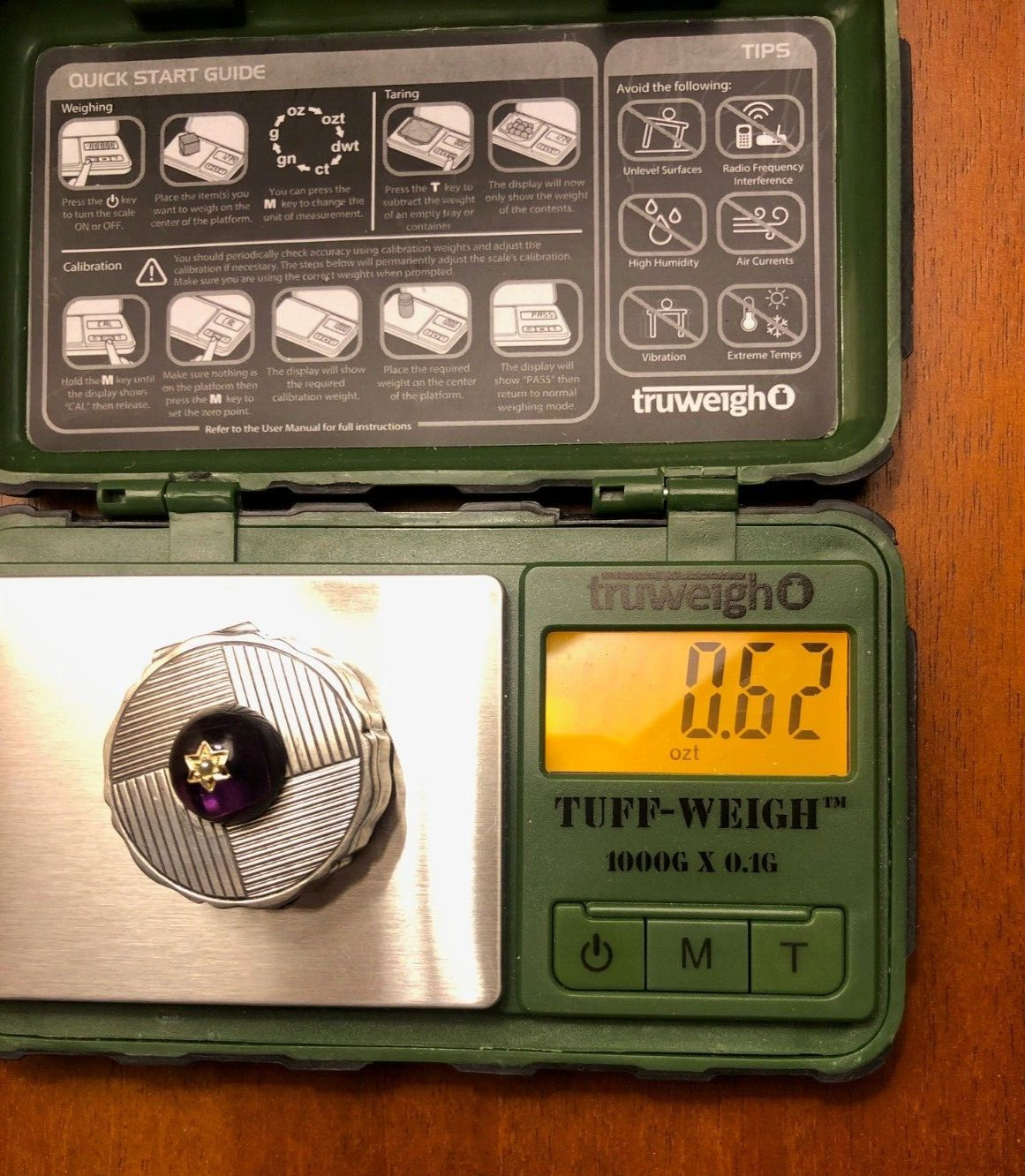 German 800 Silver Round Pill Box w/ Round Amethyst Cabochon & Seed Pearl on Lid