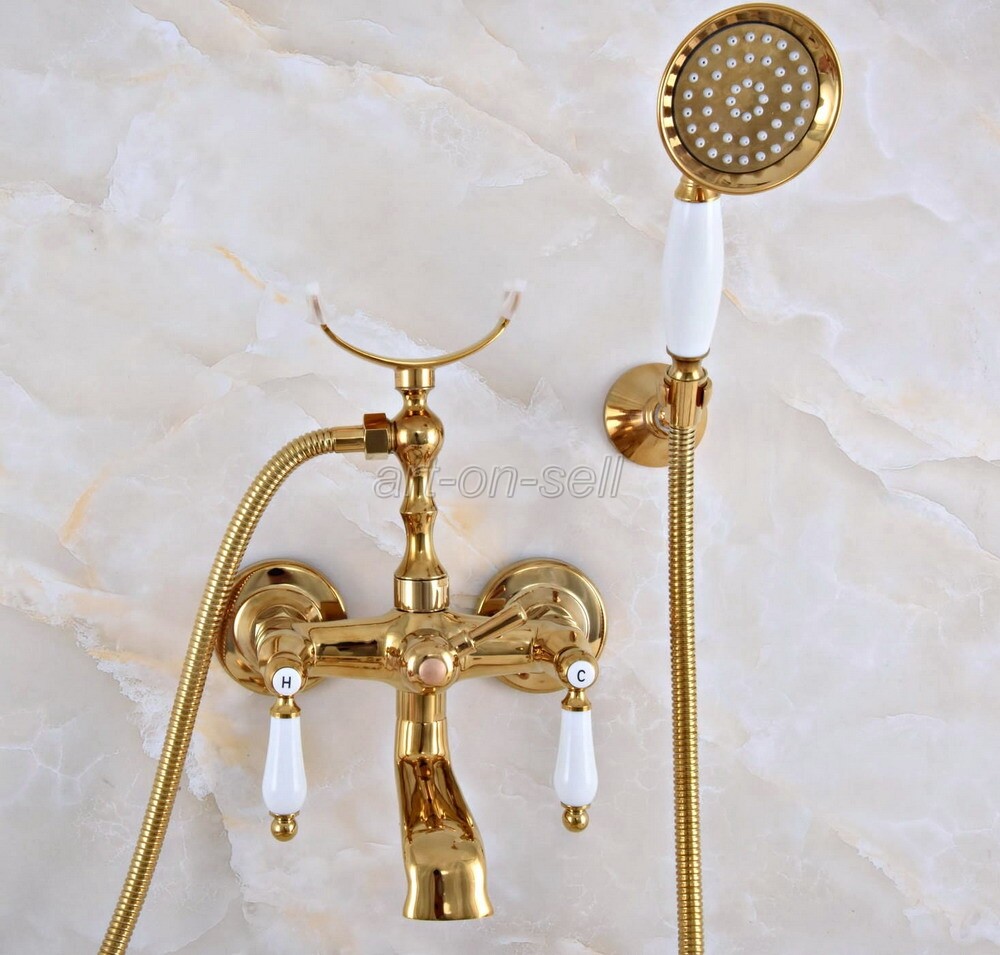 Gold Color Brass Bathroom Clawfoot Bath Tub Faucet w/ Handheld Shower ana902