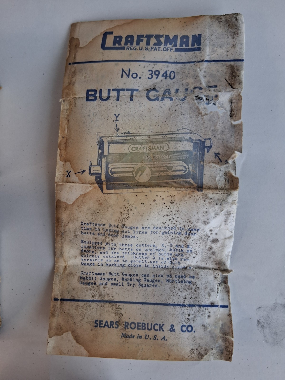 Vintage Craftsman No. 3940 Mortise Butt Gage Marking Scribe Tool - Made in USA