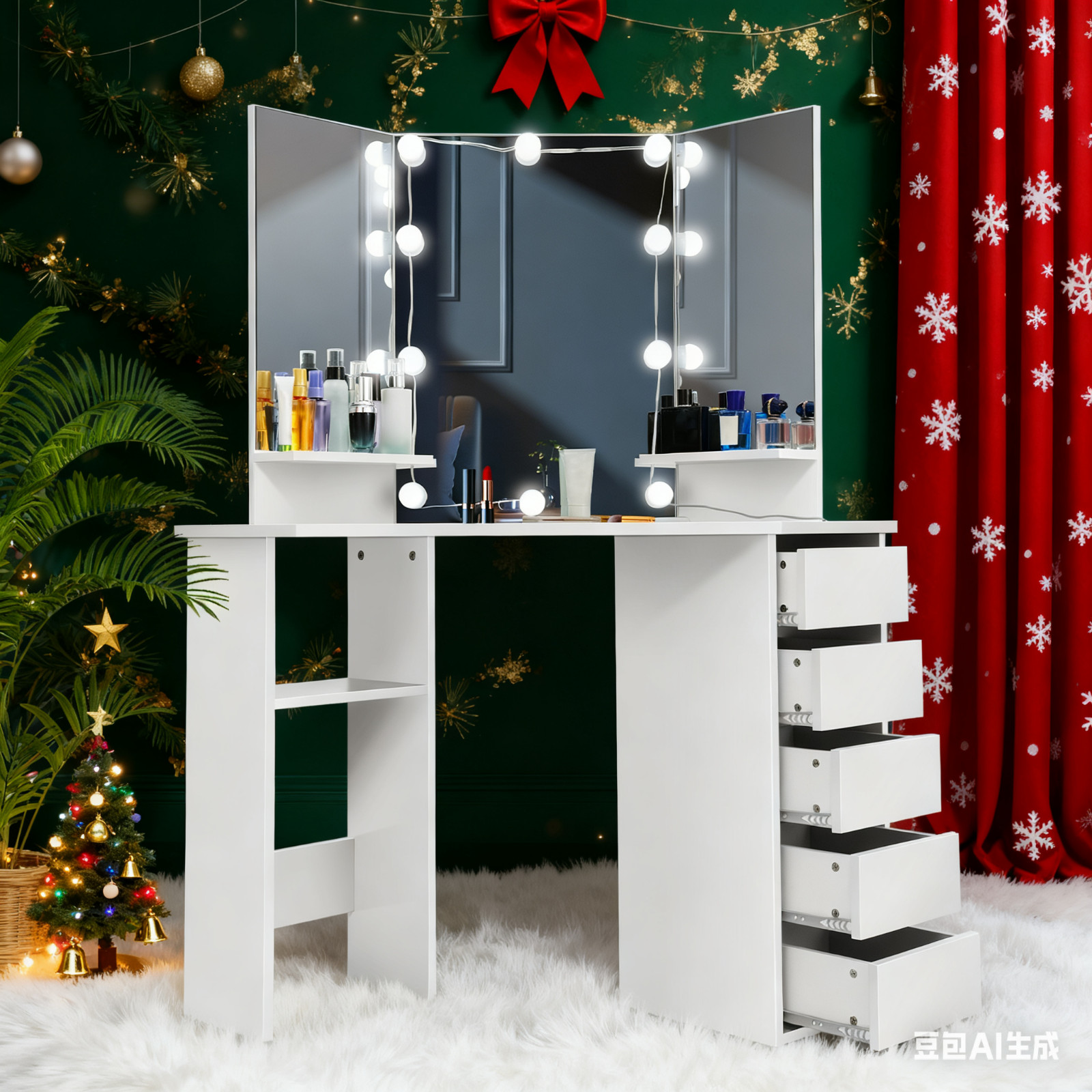 Modern Design Corner Vanity,Lighted Makeup Desk,Bedroom Makeup Table with Lights