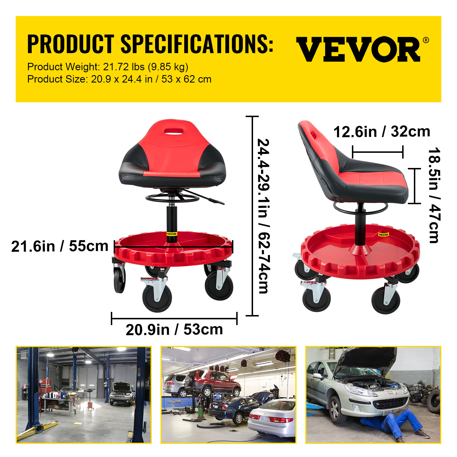 VEVOR Rolling Garage Stool 300LBS Adjustable Mechanic Work Shop Seat w/Casters