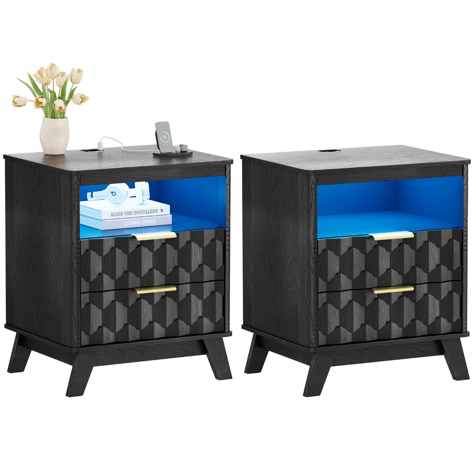 Gurexl Night Stand Set of 2 - with Charging Station and 3-Color LED Light, Black