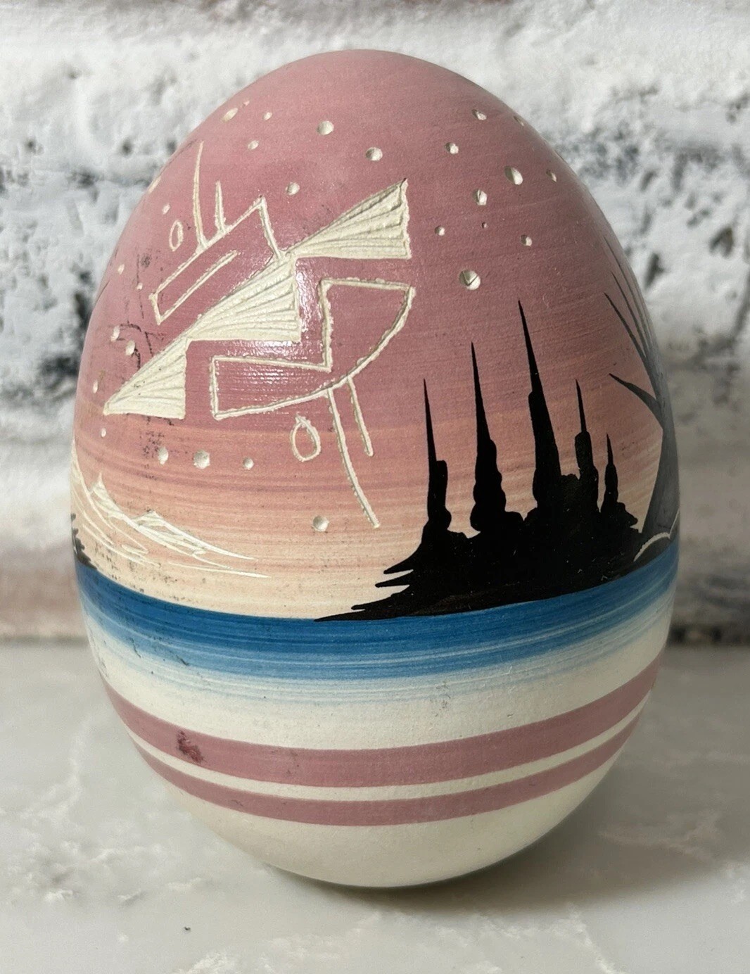 VTG Navajo Keda Dineh Native American Pottery Egg Hand Painted Carved Signed