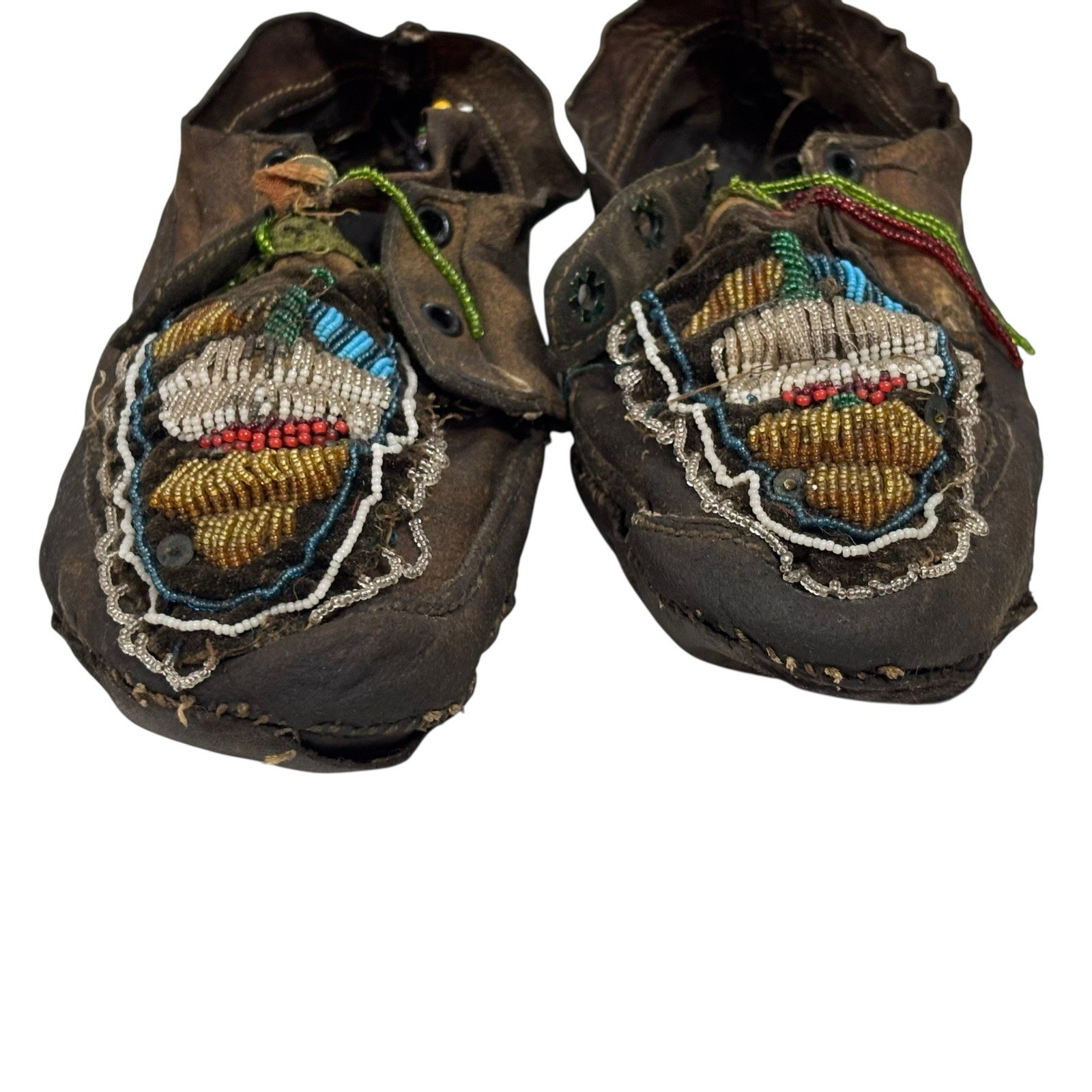 Old Antique Plains Native American Indian Beaded Moccasins Decorated Hide Shoes