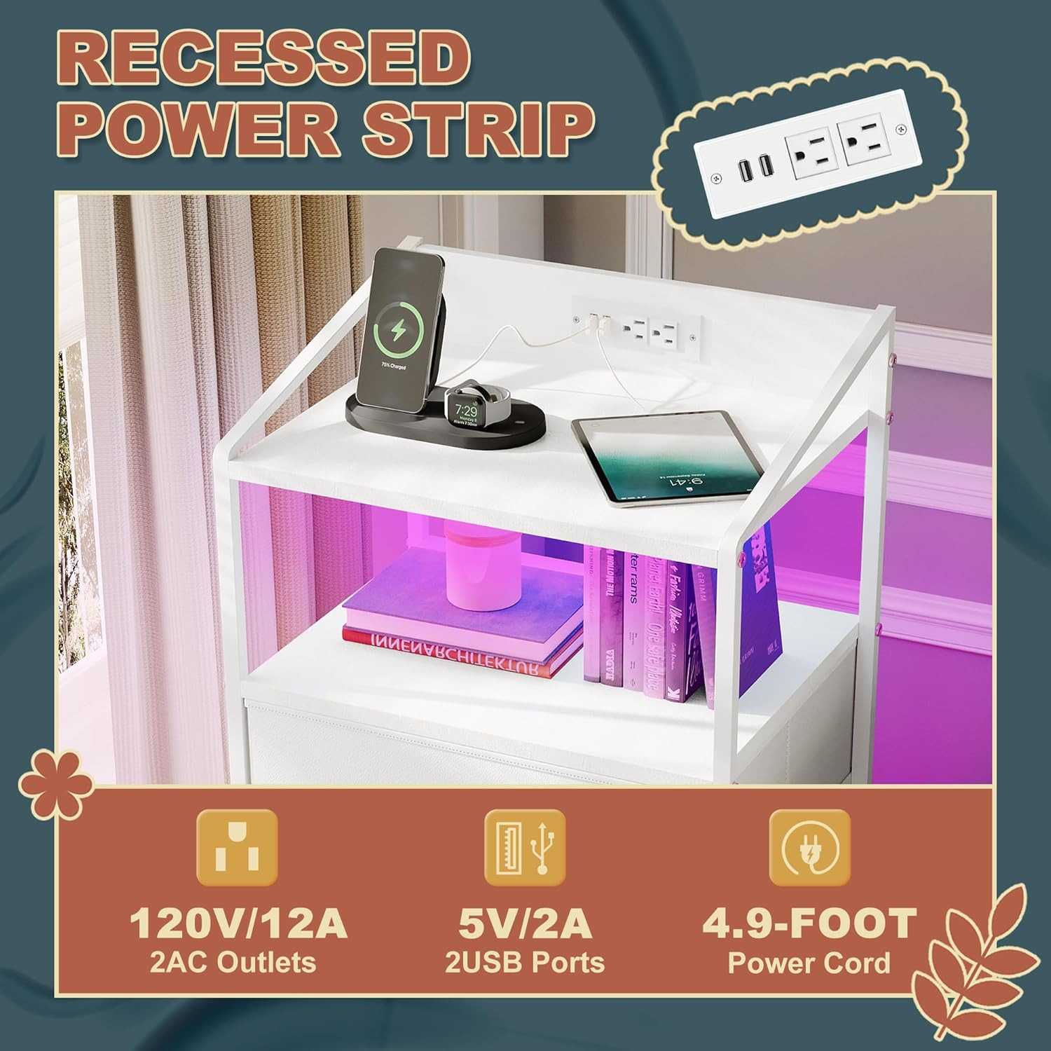 Nightstand 5 Drawer Dresser with LED Lights and Charging Station, Vertical Side