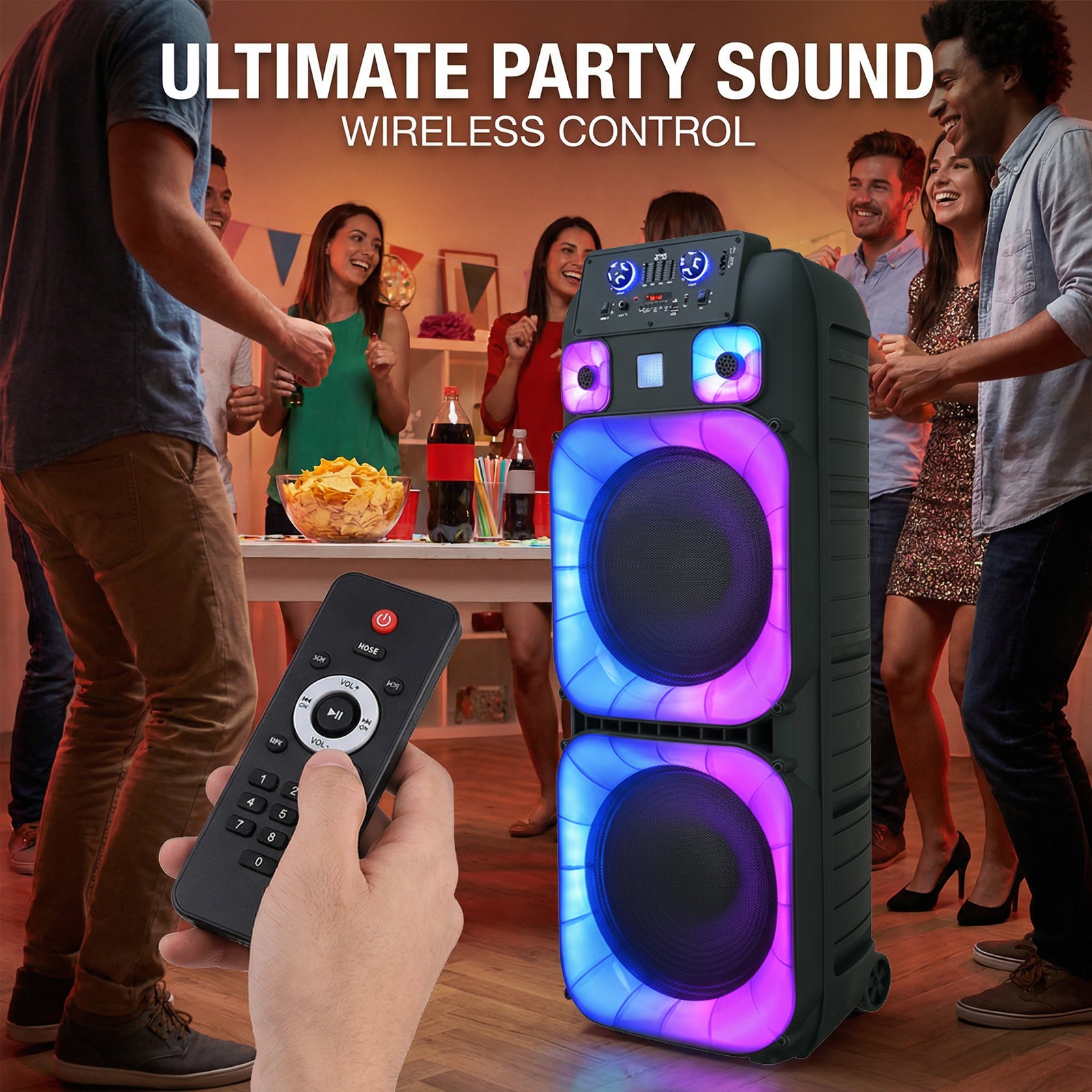Portable Bluetooth Party Speaker PA System with Dual 15'' Subwoofer 2 Microphone