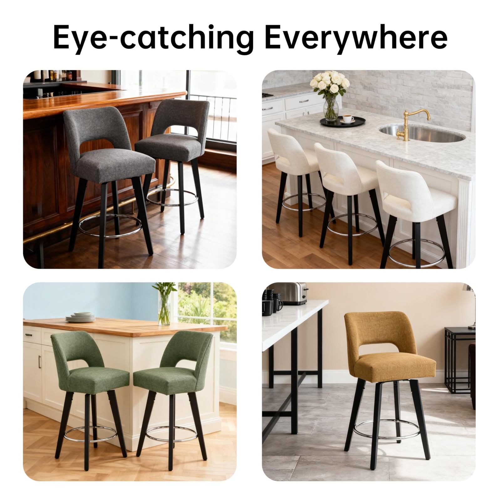 Green Modern Bar Stools Set of 2 with Supportive Back for Kitchen Island