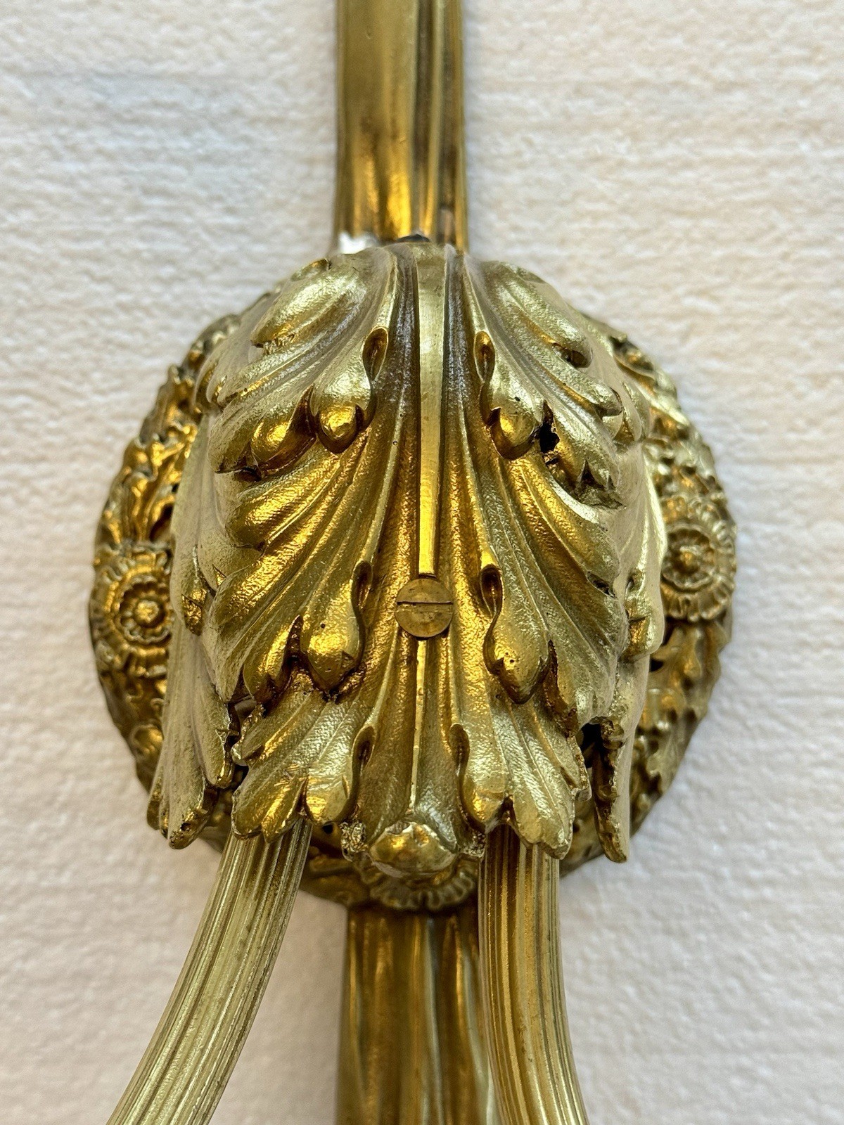 PAIR Antique French Gilt Brass Rope Bow Tassels Wall Sconce 2 Light Candelabras