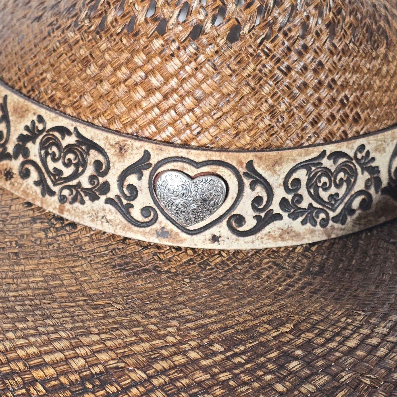 Stampede Hats Darling Cowboy Hat Tequilla Straw Size Large Brown Hearts Wings