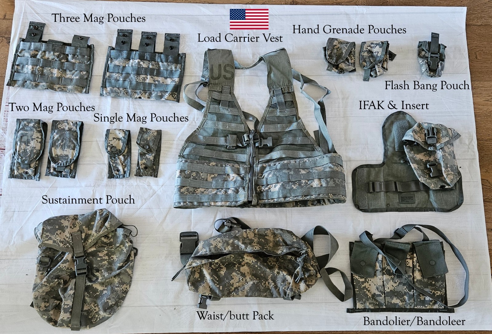 15 pc US Army MOLLE II ACU Fighting Load Carrier Vest w/Tons of Extras!15 pieces
