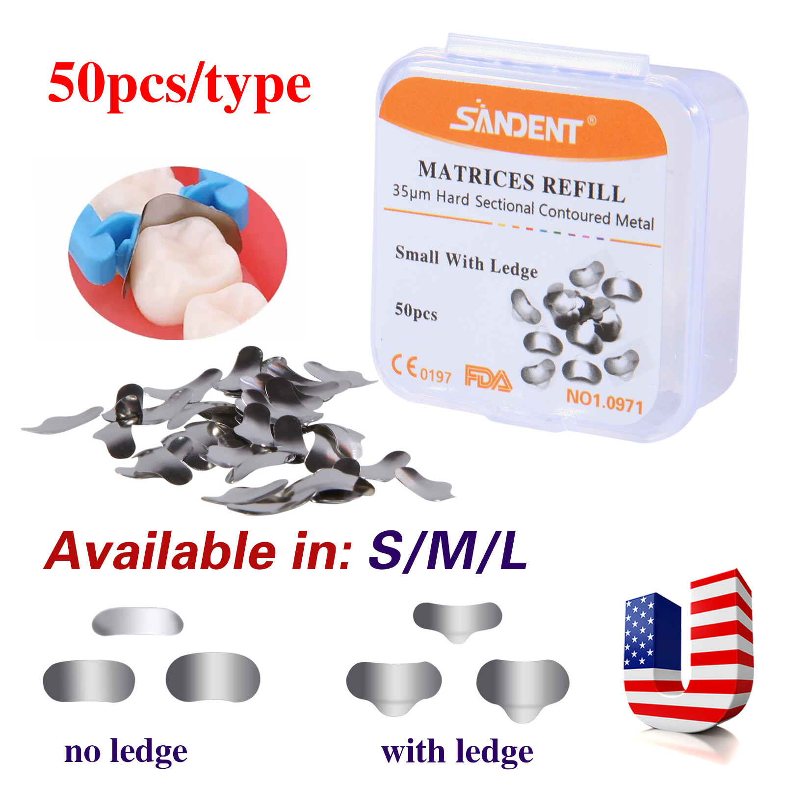 Dental Sectional Matrix System Contoured Metal Matrices Refill Matrix Bands 50x