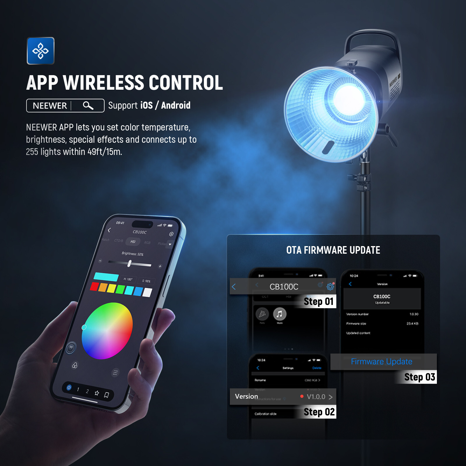 NEEWER CB100C APP Control 360°Full Color 130w RGB LED Continuous Video Light